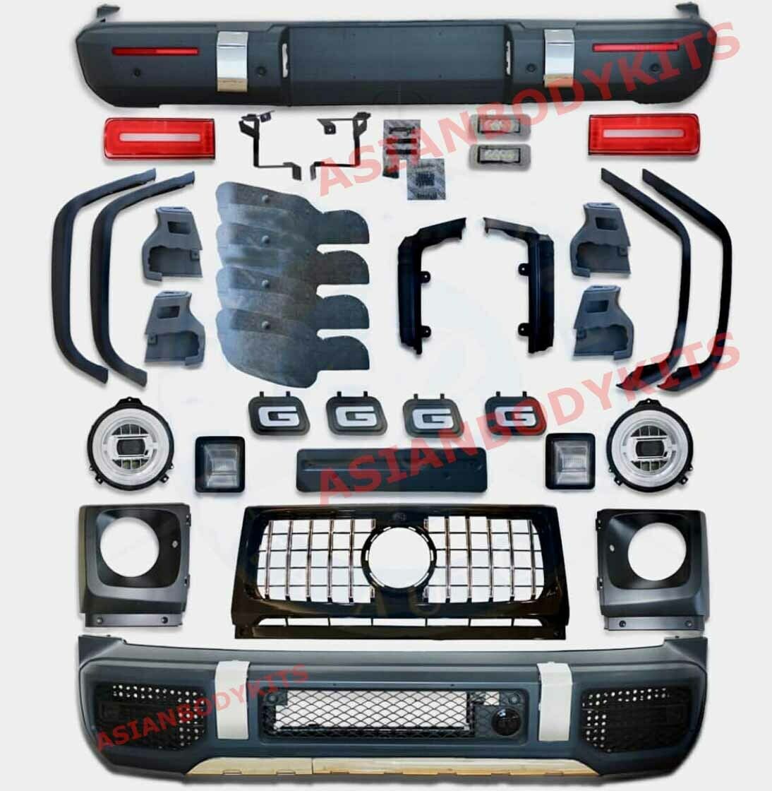 CONVERSION BODY KIT for MERCEDES-BENZ G-CLASS G500 G550 1990 - 2017 to G63 W464 2019  Set includes: Front bumper assembly Front grille with emblem Headlight covers Headlights led type (we have two types for 1990-2006 and 2008-2017, please tell us your year) Front fender flares with liners Turn signal lights for OEM fenders Caps for OEM side steps Rear fender flares with liners Rear bumper Tail lights