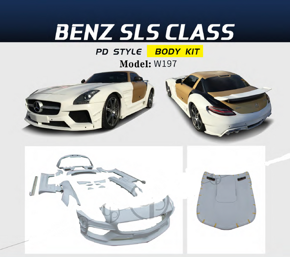 PD style Body kit for Mercedes Benz SLS-class W197  Set include:   front bumper front hood side fenders side skirts rear bumper rear spoiler Material: FRP fiberglass