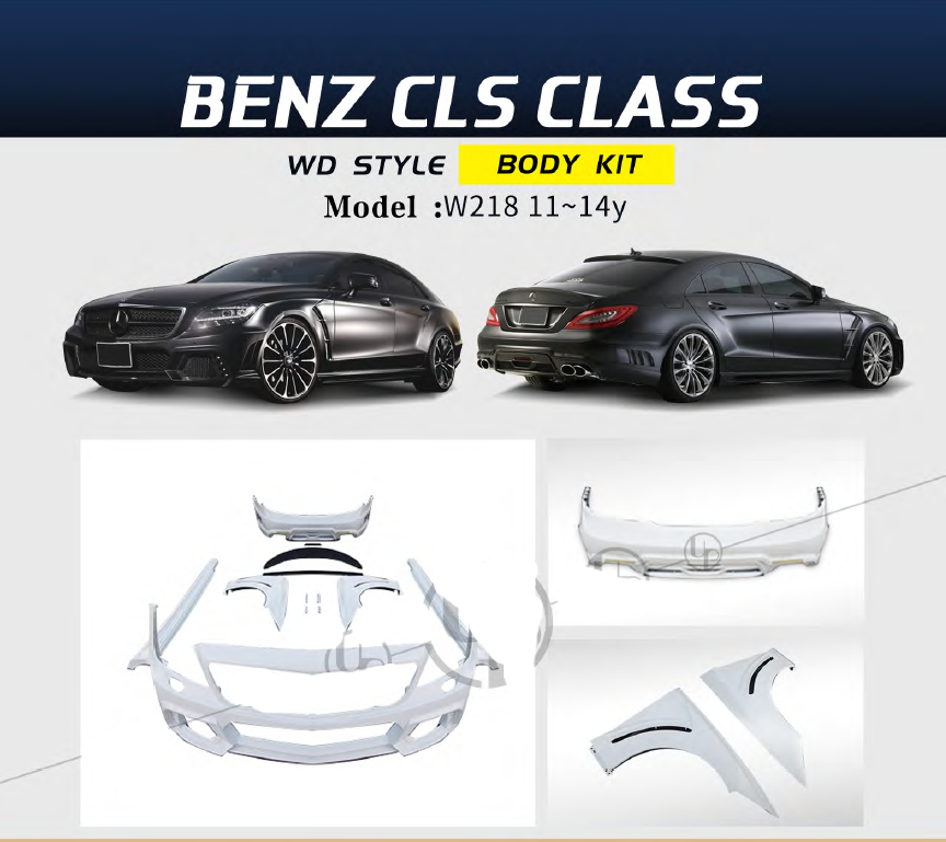 WD style Body kit for Mercedes Benz CLS-class W218 2011 - 2014  Set include:   Front bumper  Side fenders  Side skirts  Rear bumper  Material: FRP fiberglass  NOTE: Professional installation is required  Payment ► Visa Master Card  PayPal (Pay via PayPal add 4,4%) Shipment ► By express DHL/UPS/TNT/FedEx To the local international airport Special line by air Special line by the sea To Europe and the UK by train When purchase please tell us which one you want