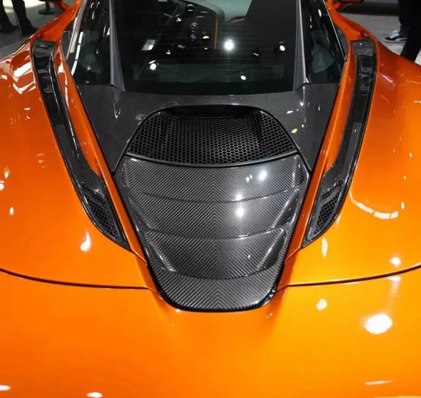 OEM Style Dry Carbon Body Kit For McLaren 720S  Set Include:  Upper Engine Cover Lower Engine Cover Headlight Brackets Front Hood Air Inlet Front Bumper Air Inlet Front Lip Aero Bridge Door Handle Trims Mirror Covers Rear Fender Air Inlet Rear Bumper Rear Diffuser Front Hood Material: Dry carbon  NOTE: Professional installation is required