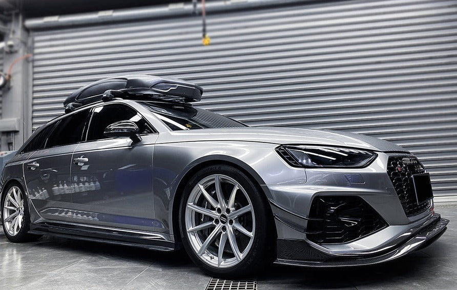 BKSS Style Carbon Fiber Front Lip For Audi RS4 B9 2019+  Set include:   Front Lip Material: Carbon Fiber / Forged Carbon / Dry Carbon  NOTE: Professional installation is required 