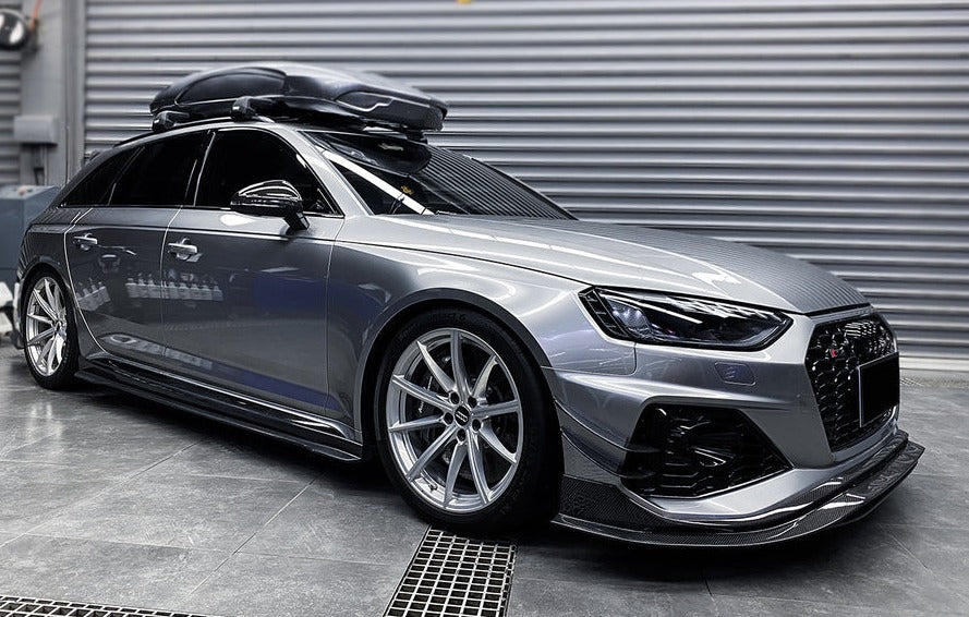 BKSS Style Carbon Fiber Front Lip For Audi RS4 B9 2019+  Set include:   Front Lip Material: Carbon Fiber / Forged Carbon / Dry Carbon  NOTE: Professional installation is required 