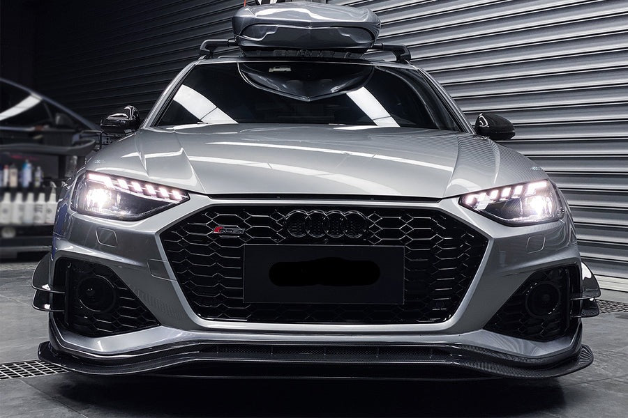 BKSS Style Carbon Fiber Front Lip For Audi RS4 B9 2019+  Set include:   Front Lip Material: Carbon Fiber / Forged Carbon / Dry Carbon  NOTE: Professional installation is required 