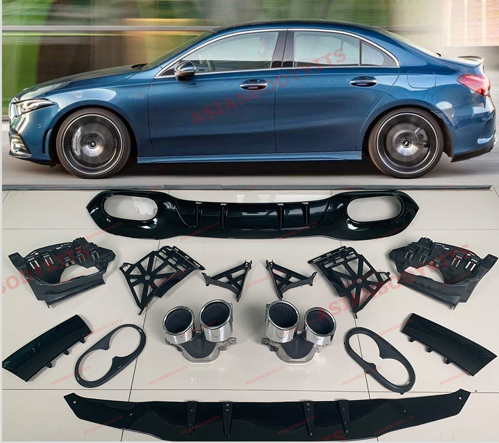 REAR DIFFUSER with QUAD MUFFLER TIPS for MERCEDES BENZ A Class W177 A35 AMG 18+