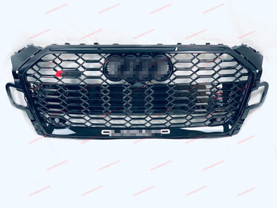 RS5 style FRONT GRILLE assembly for Audi A5 S5 F5 Coupe / Cabriolet / Sportback 2019+ Have PDC holes  License plate holder 1pc (for EURO or China regions) Include badges Include front camera housing with cap Color: Black frame with black mesh  Material: ABS Plastic  Note: Professional installation is required, on some A5 models PDC sensors brackets can be in clash with hit bar, so you need to modify PDC sensors or hit bar  *If you have front camera, you need to remove it and GLUE to new RS grille