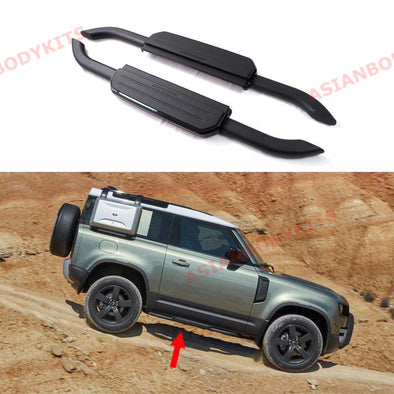 Aftermarket pair of side step running boards bars for Land Rover Defender 90 L663 2020+     Set include:   Left and right pcs    Fixings are included     Color: Black and silver    Note: Professional installation is required     Important note: Will not fit Land Rover Defender 110 with long wheelbase