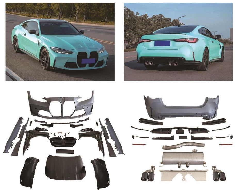 CONVERSION BODY KIT for BMW 4 SERIES G22 G23 to M4 G82 2020+  Set includes:  Front Bumper Fenders Hood Side Skirts Rear Bumper Exhaust with Tail Pipe (for middle outlet)