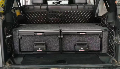 Slide Kitchen Drawer Systems For Jeep Wrangler by Forza Performance  Simplify the storage and organization of equipment and valuables. These lockable drawers with integrated deck and faceplates were designed specifically for the Jeep Wrangler. Hide the contents from prying eyes, while creating a more convenient and easily accessible storage space in your car. Designed solidly for tough for both on and off-road travel.