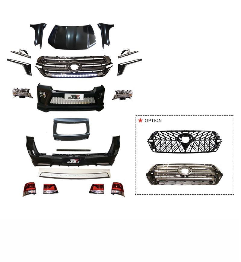 BODY KIT FOR TOYOTA LAND CRUISER 200 LC 200 2008-2015

Set includes:

Front bumper
Rear bumper
Fog Lights
Front Grille
Fenders
Hood Bonnet
Headlights set

Taillights set

Material: PP+ABS

Note: Each part of this kit can be sent separately. Please contact us if you need a specific part.