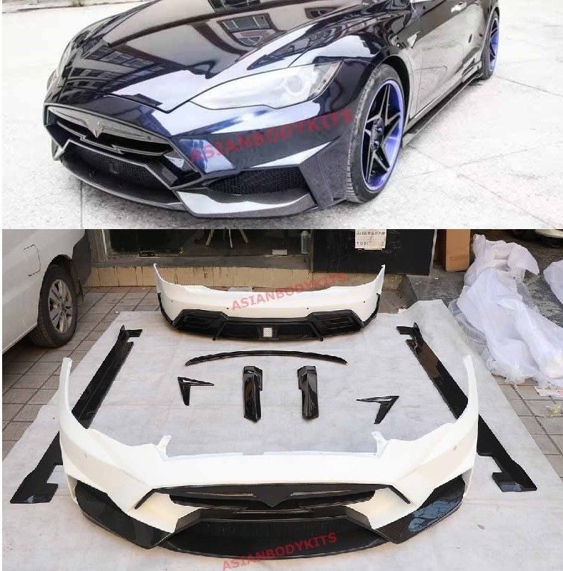 BODY KIT for TESLA MODEL S 2012 - 2016
Set includes:
Front bumper
Side skirts addons
Rear bumper
Trunk Spoiler

Material: FRP Fiberglass + Carbon fiber

NOTE: Professional installation is required