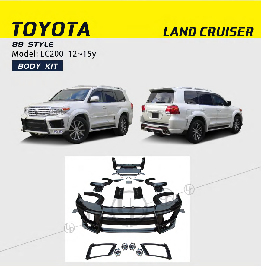 BODY KIT for TOYOTA LAND CRUISER 200 LC 200 2012-2016

Set includes:

Front Bumper
Fender Flares
Roof Spoiler
Rear Bumper

Material:Fiberglass

NOTE: Professional installation is required