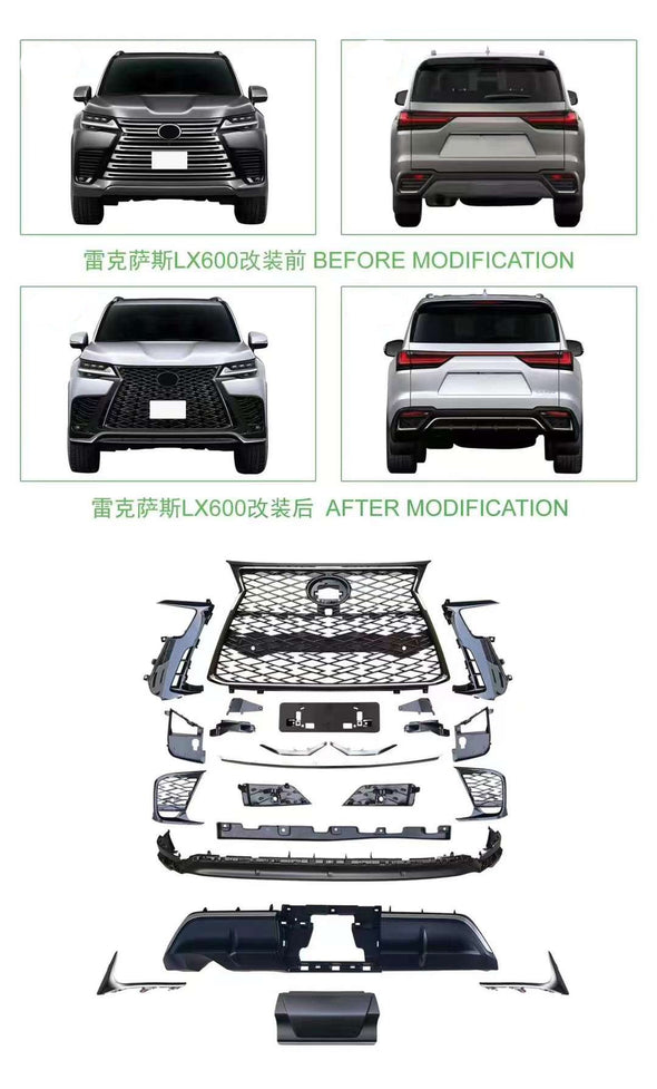 Conversion Body Kit For Lexus LX 600 Low Level To F SPORT 2021+  Set include:   Front Grille Front Lip Rear Diffuser Contact us for pricing  Material: PP Plastic  NOTE: Professional installation is required