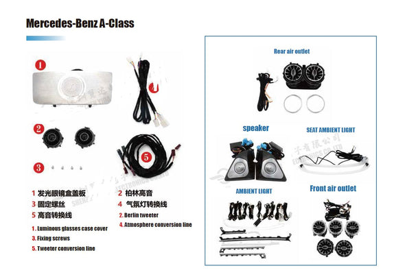  Air vents with ambient light 64 colors for the dashboard of:  Mercedes Benz A-class W176 W177 A180 A200 A220 A250 A45   Set include: 5 pcs of air vents  Switch control 