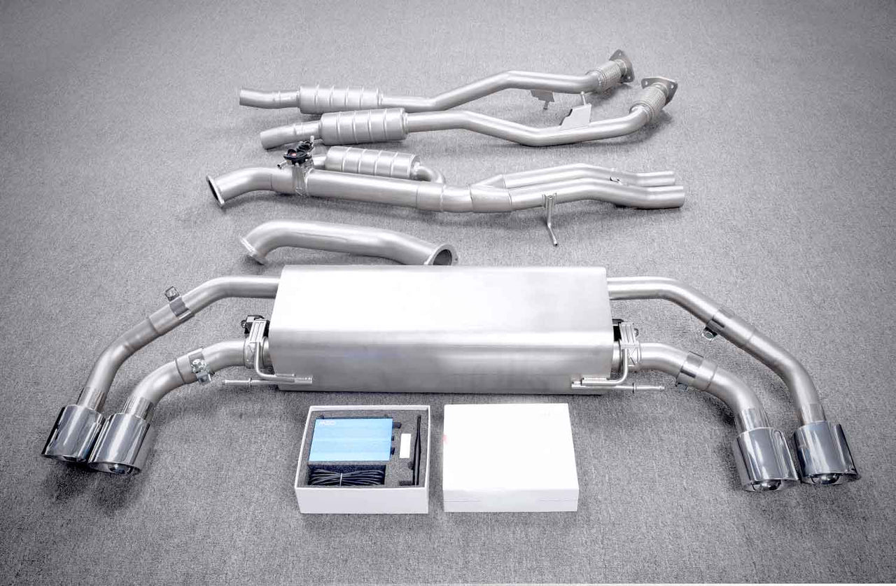 Forza Performance Aggressive sporty sound VALVED EXHAUST CATBACK MUFFLER for Audi Q7 3.0T 2019+  Valved exhaust, meaning that has remote, controlled valves - allowing a switch between an aggressive loud sports sound and a sound that is closer to the OEM sound  Set includes:  Center Pipes Muffler with valves Exhaust tips Valve control box with remote control (you may also reuse your factory exhaust valve motors