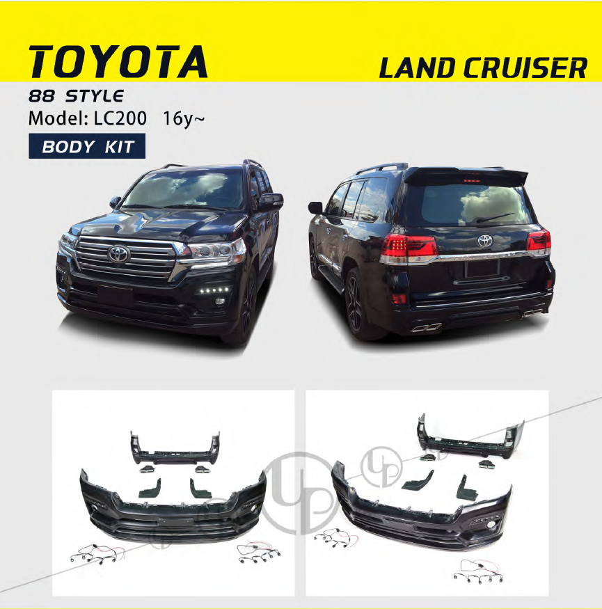 BODY KIT for TOYOTA LAND CRUISER 200 LC200 TLC200 2016 - 2023

Set includes:

Front Bumper
Daytime Running Lights DRL
Mud Flaps
Rear Bumper
Exhaust Tips

Material: FRP fiberglass

NOTE: Professional installation is required

Payment ►
Visa
Mastercard
PayPal with a credit card (add 4.4% at checkout)
Payoneer
Cryptocurrency

Shipment ►
By express DHL/UPS/TNT/FedEx
To the local international airport
Special line by air
Special line by the sea
To Europe and the UK by train

Please let us know which shipping opt