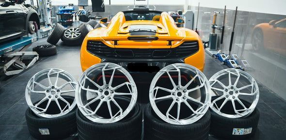 We produced premium quality forged wheels rims for  MCLAREN 650S  Our wheels sizes:   Front 20 x 9 ET 32  Rear 21 x 12.5 ET 38  Finishing: White  Forged wheels can be produced in any wheel specs by your inquiries and we can provide our specs