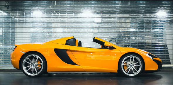 We produced premium quality forged wheels rims for  MCLAREN 650S  Our wheels sizes:   Front 20 x 9 ET 32  Rear 21 x 12.5 ET 38  Finishing: White  Forged wheels can be produced in any wheel specs by your inquiries and we can provide our specs