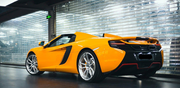 We produced premium quality forged wheels rims for  MCLAREN 650S  Our wheels sizes:   Front 20 x 9 ET 32  Rear 21 x 12.5 ET 38  Finishing: White  Forged wheels can be produced in any wheel specs by your inquiries and we can provide our specs