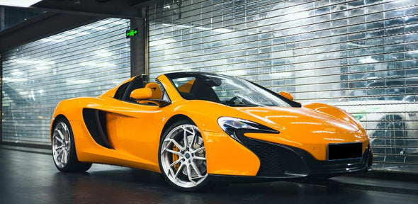 We produced premium quality forged wheels rims for  MCLAREN 650S  Our wheels sizes:   Front 20 x 9 ET 32  Rear 21 x 12.5 ET 38  Finishing: White  Forged wheels can be produced in any wheel specs by your inquiries and we can provide our specs