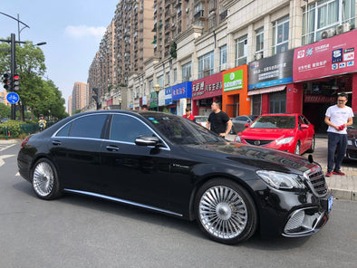 We produced premium quality forged wheels rims for  MERCEDES BENZ S CLASS W222  Our wheels sizes:   Front 22 x 9 ET 31  Rear 22 x 10 ET 35  Finishing: Chrome  Forged wheels can be produced in any wheel specs by your inquiries and we can provide our specs