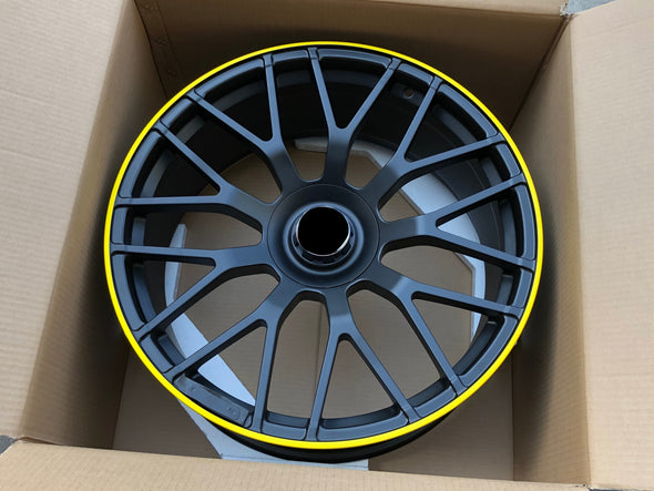 We produced premium quality forged wheels rims for  MERCEDES BENZ CLS CLASS CLS63 AMG C257  Our wheels sizes:   Front 20 x 8 ET 43  Rear 20 x 9 ET 49  Finishing: Matt Black With Yellow Ring  Forged wheels can be produced in any wheel specs by your inquiries and we can provide our specs