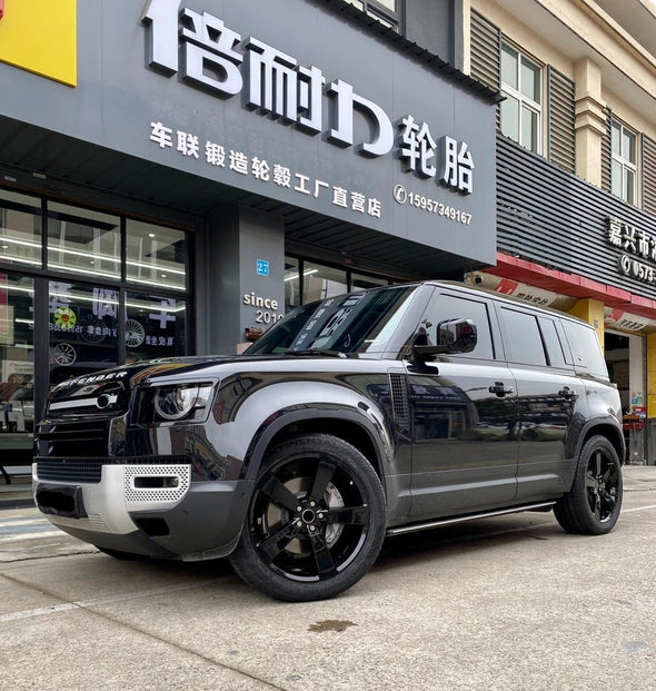 We produced premium quality forged wheels rims for  LAND ROVER DEFENDER L663  Our wheels sizes:   Front 22 x 9 ET 44.5  Rear 22 x 9 ET 44.5  Finishing: Glossy Black  Forged wheels can be produced in any wheel specs by your inquiries and we can provide our specs