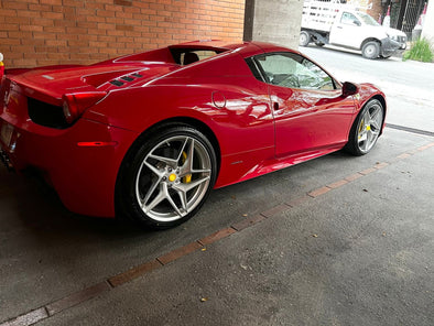 We produced premium quality forged wheels rims for  FERRARI 458 ITALIA SPIDER SPECIALE  Our wheels sizes:  Front 20 x 8.5 ET 32  Rear 21 x 11 ET 40  Finishing: Silver Alloy  Forged wheels can be produced in any wheel specs by your inquiries and we can provide our specs