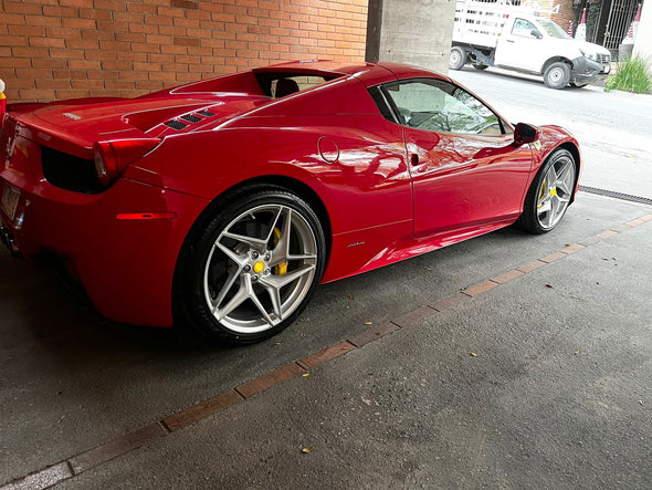 We produced premium quality forged wheels rims for  FERRARI 458 ITALIA SPIDER SPECIALE  Our wheels sizes:  Front 20 x 8.5 ET 32  Rear 21 x 11 ET 40  Finishing: Silver Alloy  Forged wheels can be produced in any wheel specs by your inquiries and we can provide our specs