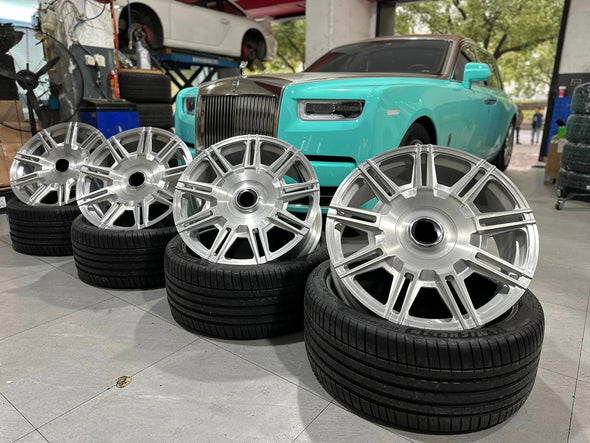OEM We produced premium quality forged wheels rims for  ROLLS ROYCE PHANTOM VIII  Our wheels sizes:   Front 24 x 10 ET 20  Rear 24 x 10 ET 20  Finishing: Brushed  Forged wheels can be produced in any wheel specs by your inquiries and we can provide our specs