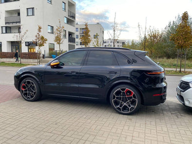 TECHART DAYTONA 2 II FORGED WHEELS We produced premium quality forged wheels rims for  PORSCHE CAYENNE  Our wheels sizes:   Front 22 x 10 ET 48  Rear 22 x 11.5 ET 61  Finishing: Glossy Black + Red + Machined Face  Forged wheels can be produced in any wheel specs by your inquiries and we can provide our specs
