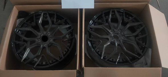 We produced premium quality forged wheels rims for  LAMBORGHINI HURACAN  Our wheels sizes:  Front 20 x 9 ET 30  Rear 21 x 12 ET 35  Finishing: Brushed Black  Forged wheels can be produced in any wheel specs by your inquiries and we can provide our specs