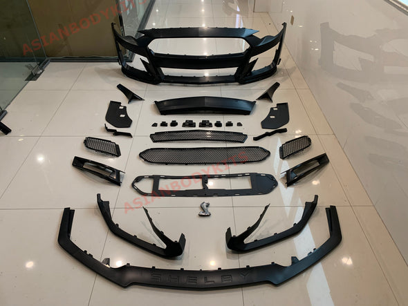 CONVERSION BODY KIT for FORD MUSTANG S550 2015 - 2017 UPGRADE to FORD MUSTANG SHELBY GT500

Set includes:

Front Bumper Assembly
Side Skirts
Rear Diffuser with Exhaust Tips

Material: Plastic (ABS and PP)

Optionally: we can offer GT500 hood and spoiler for extra cost.

NOTE: Professional installation is required
