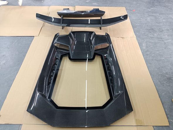 Dry Carbon Body Kit For Lamborghini Huracan LP580 - 610 EVO 2014+  Set include: Hood Duck Tail Spoiler Material: Dry Carbon  NOTE:    Professional installation is required during installation
