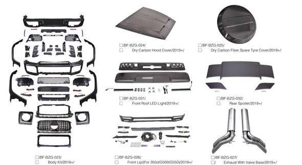 DRY CARBON BODY KIT for MERCEDES BENZ G CLASS W463A 2019+




Set includes:

Dry Carbon Hood Cover
Front Roof LED Light
Front Lip (for 350d/G500/G550)
Dry Carbon Fiber Spare Tyre Cover
Rear Spoiler
Exhaust with Valve Base

Material: Dry Carbon

NOTE:&nbsp;Professional installation is required

* Each part can be sent separately. If you need, please contact us.

Payment ►
Visa

Mastercard

PayPal with a credit card (add 4.4% at checkout)
Payoneer
Cryptocurrency
Shipment ►
By express DHL/UPS/TNT/FedEx
To the 