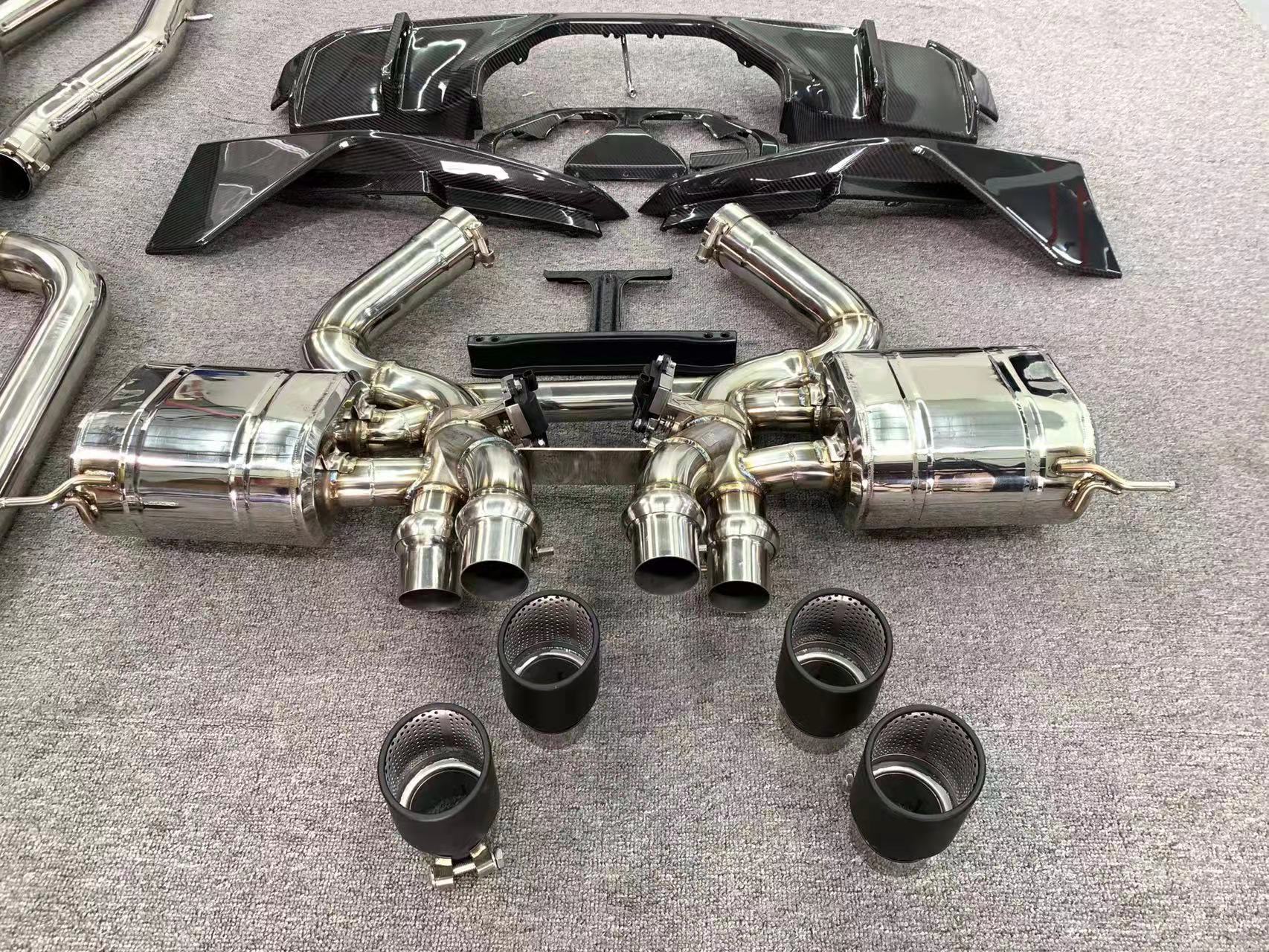 Aggressive sporty sound VALVED EXHAUST CATBACK MUFFLER with exhaust tips for BMW M3 G80 M4 G82 2021+ (Engine:3.0)  Valved exhaust, meaning that has remote, controlled valves - allowing a switch between an aggressive loud sports sound and a sound that is closer to the OEM sound  Set include:   Front pipes Center pipes Mufflers with valves Exhaust tips Material: Stainless steel 304