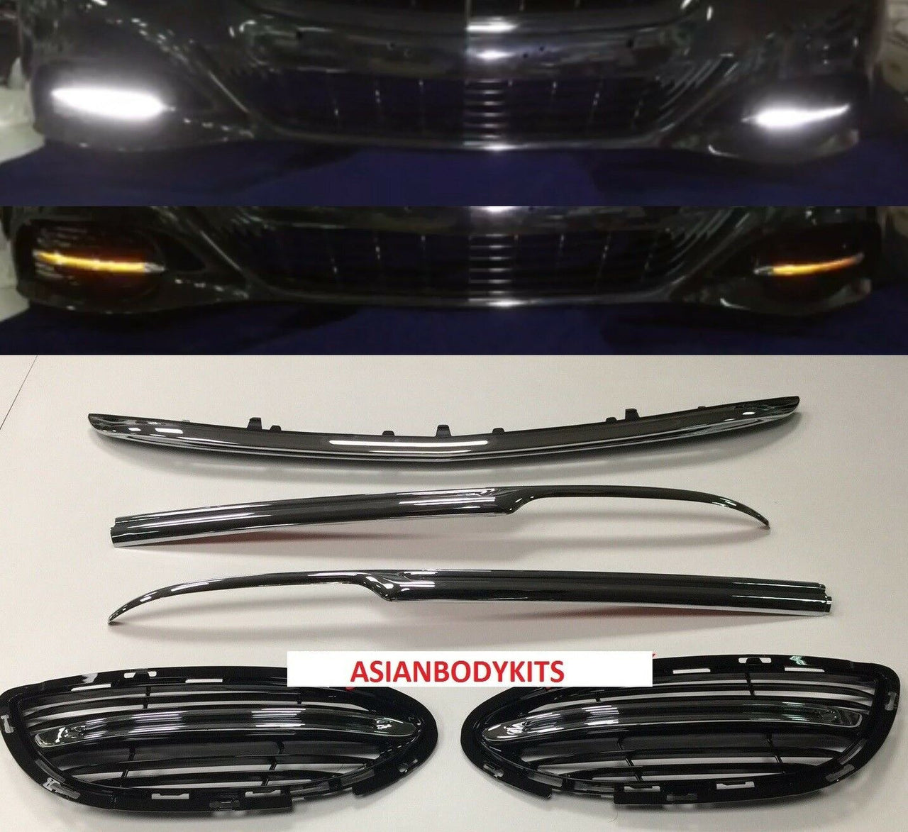 LED DAYTIME RUNNIG LIGHTS and BUMPER TRIMS for MERCEDES BENZ S CLASS W222 2013 - 2017

Set includes:

Сentral Trim Insert for the Front Bumper
Side Meshes with LED DRL for the Front Bumper. (LED DRL have sequential turning function)
Chrome Trim Lip for the Rear Bumper

FITMENT: Will not fit AMG PACKAGE Bumpers, Only fits stock bumpers

COLOR: Chrome with Black Insert
