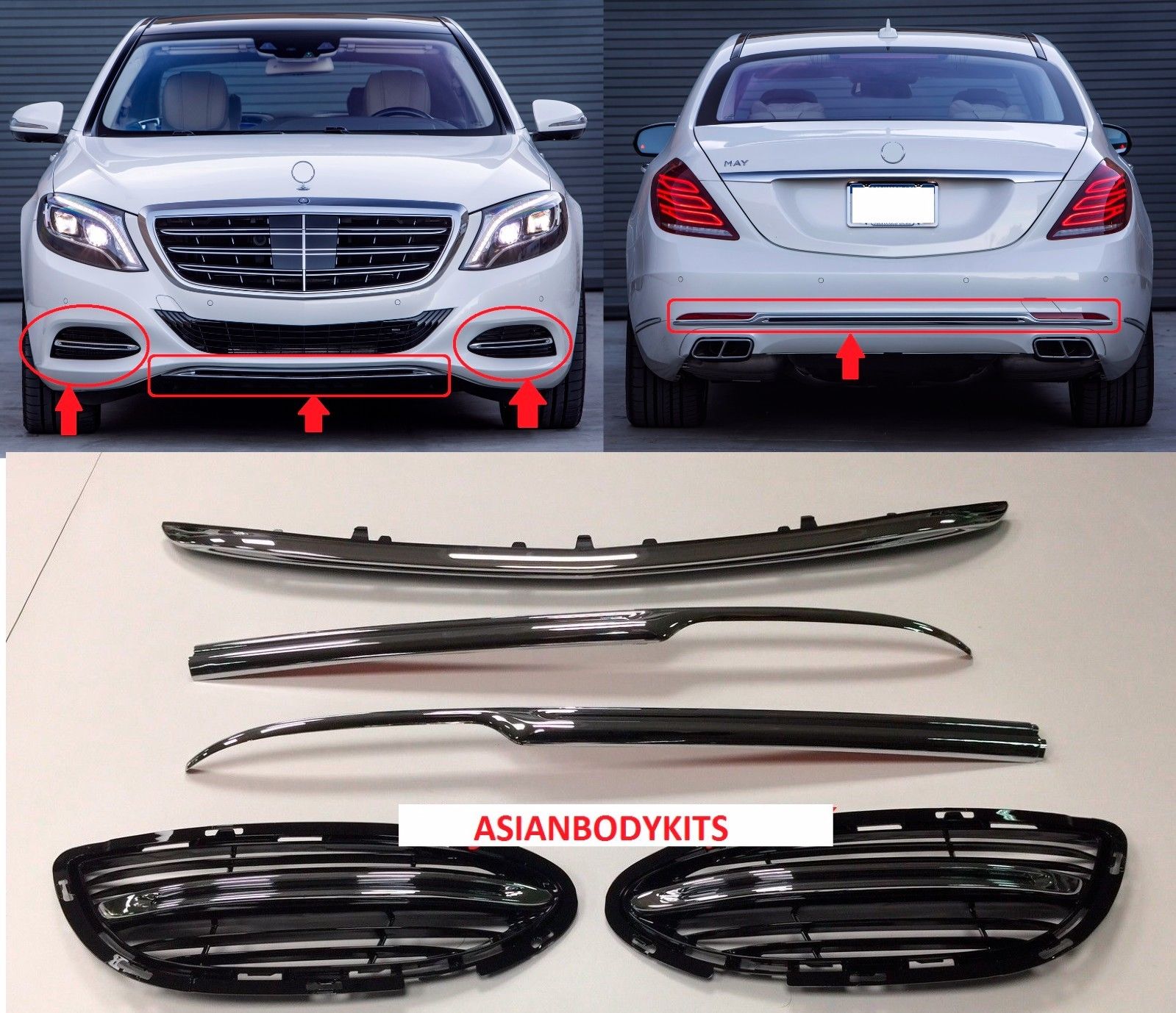 LED DAYTIME RUNNIG LIGHTS and BUMPER TRIMS for MERCEDES BENZ S CLASS W222 2013 - 2017

Set includes:

Сentral Trim Insert for the Front Bumper
Side Meshes with LED DRL for the Front Bumper. (LED DRL have sequential turning function)
Chrome Trim Lip for the Rear Bumper

FITMENT: Will not fit AMG PACKAGE Bumpers, Only fits stock bumpers

COLOR: Chrome with Black Insert
