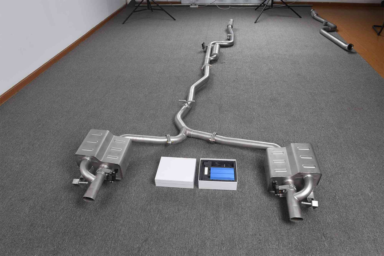 VALVED EXHAUST CATBACK MUFFLER for MERCEDES-BENZ E-CLASS W213 E200 E300 2.0T 2020+  Set includes:  Center pipe Muffles with valves Valve control box with remote control (you may also reuse your factory exhaust valve motors)