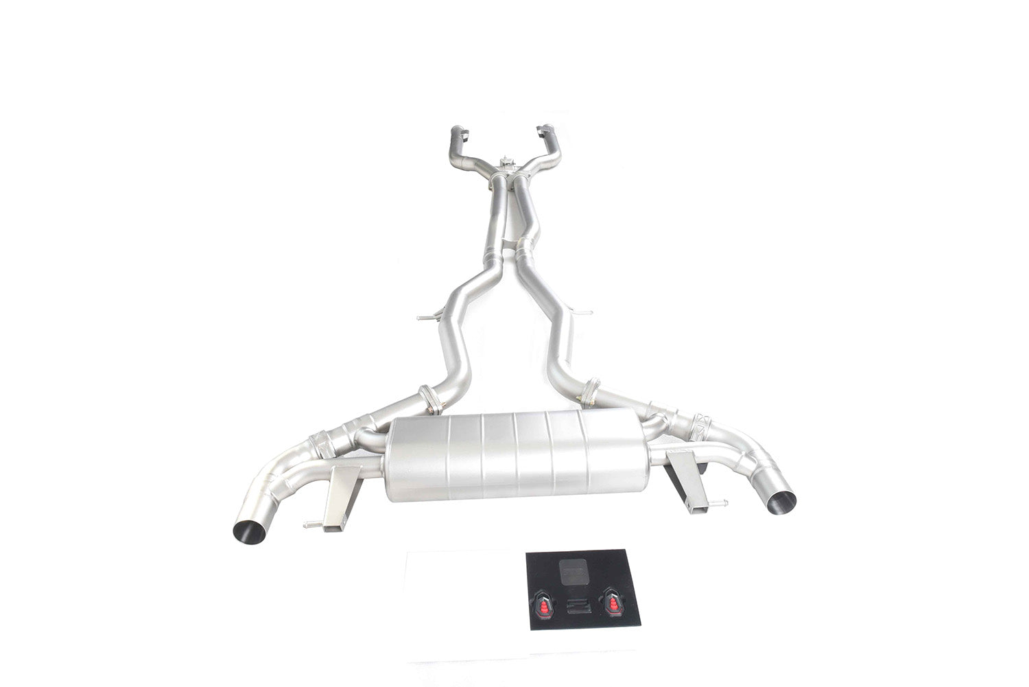 VALVED EXHAUST CATBACK MUFFLER for MERCEDES-BENZ AMG GLC 63 4.0T 2015 - 2019  Set includes:  Center pipes Muffles with valves Exhaust tips Valve control box with remote control (you may also reuse your factory exhaust valve motors)