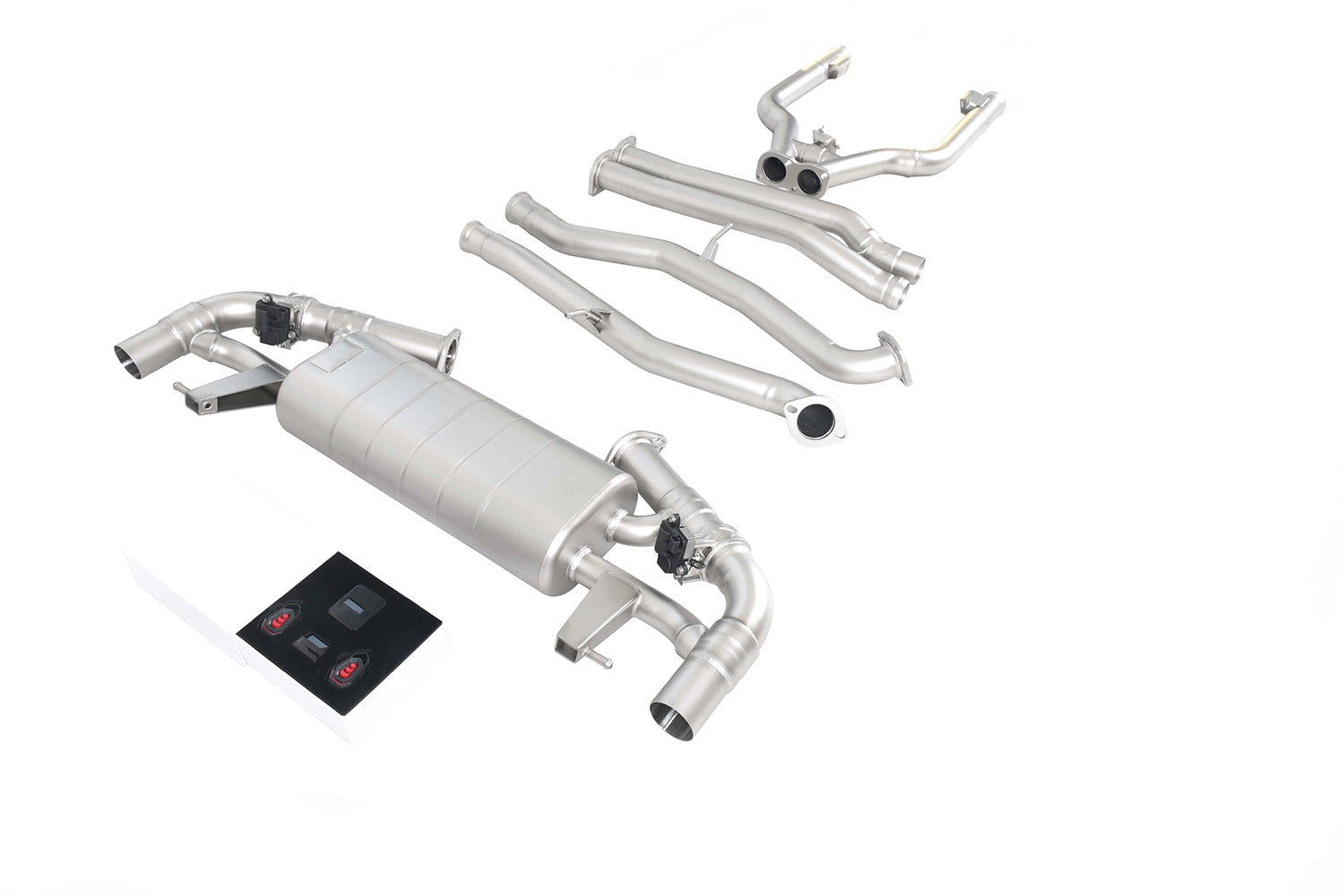 VALVED EXHAUST CATBACK MUFFLER for MERCEDES-BENZ AMG GLC 63 4.0T 2015 - 2019  Set includes:  Center pipes Muffles with valves Exhaust tips Valve control box with remote control (you may also reuse your factory exhaust valve motors)