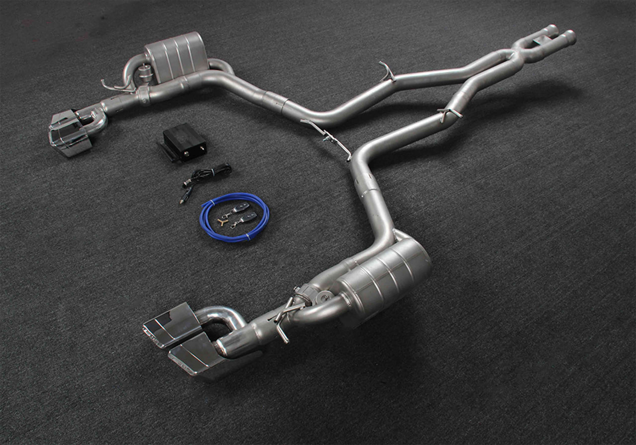 VALVED EXHAUST CATBACK MUFFLER for MERCEDES BENZ C218 CLS 350 2011 - 2014

Valved exhaust, meaning that has remote, controlled valves - allowing a switch between an aggressive loud sports sound and a sound that is closer to the OEM sound

Set includes:

Center Pipes
Exhaust Tips
Muffles with Valves
Valve Control Box with Remote Control (you may also reuse your factory exhaust valve motors)

Factory exhaust tips must be reused

Material: Stainless steel ( for an extra cost we can make titanium )

Optio