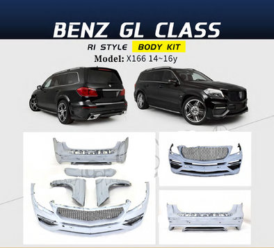 RI style Body Kit for Mercedes-Benz GL-Class 2014 - 2016  Set include:   Front Bumper Side Fenders Rear Bumper Spoiler Material: FRP fiberglass  NOTE: Professional installation is required