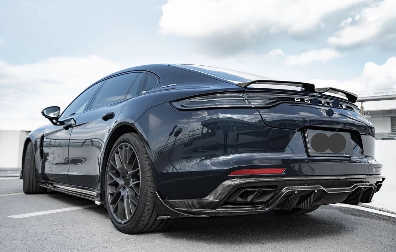 DRY CARBON BODY KIT for PORSCHE PANAMERA 971 2017 - 2023  Set includes:  Front Lip Front Bumper Trims Front Bumper Air Vent Covers Side Air Vent Covers Side Mirror Covers Side Skirts Rear Diffuser Rear Spoiler