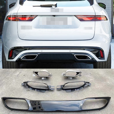 REAR DIFFUSER with EXHAUST TIPS for JAGUAR F PACE 2021+

Set includes:

Rear Diffuser with Brackets
Muffler Tips

Material: Plastic PP and stainless steel

Color of diffuser: Silver and black (Before purchase tell us which one you need)

Note: Professional installation is required. Exhaust pipes on muffler need modification