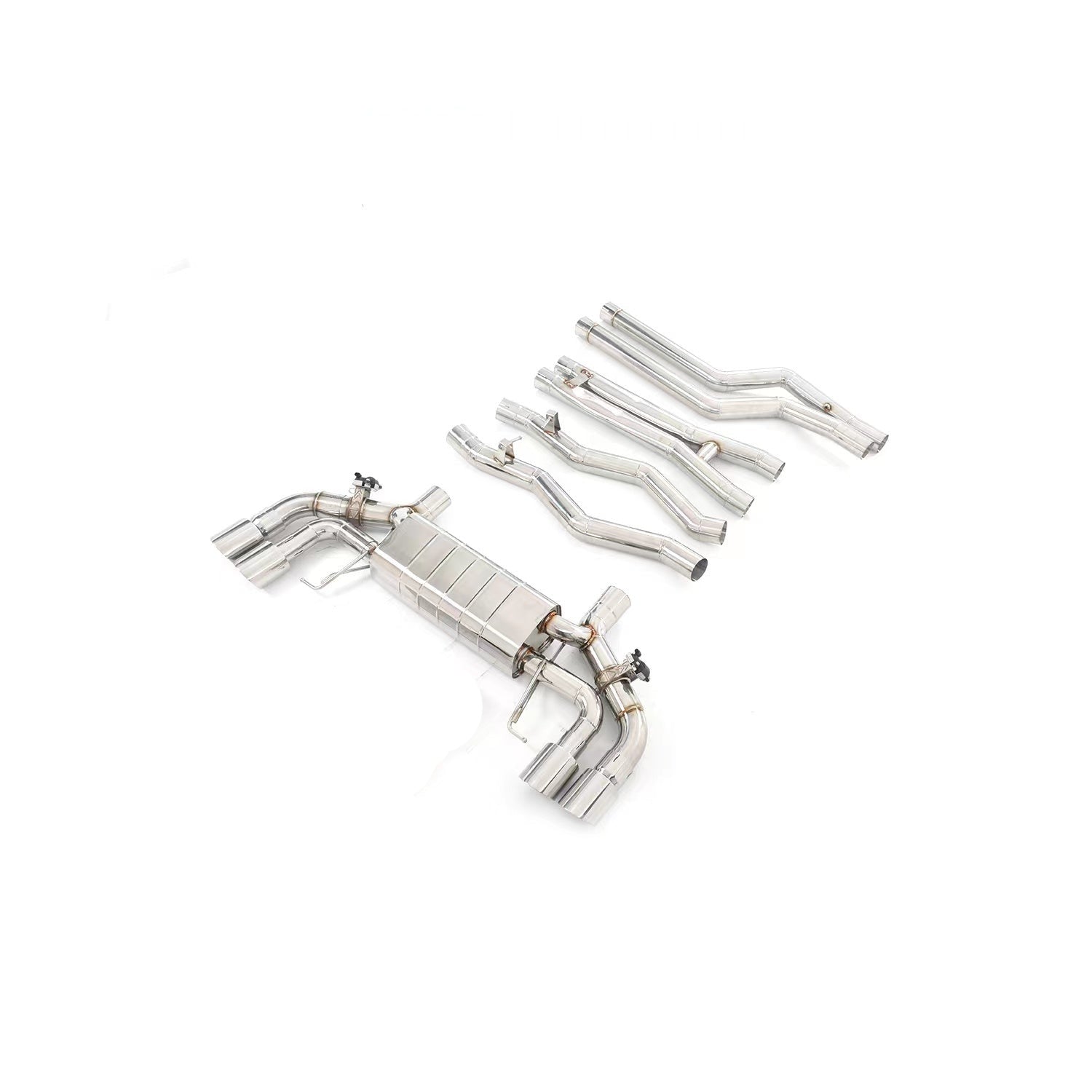 Aggressive Sporty Sound Valved Exhaust Catback Muffler For BMW M8 F93 Gran Coupe 2019+ 4.4L  Set include:  Center pipes Muffler with valves The valve control unit and remote controller Material: Stainless steel  Production time: 10 days  NOTE: Professional installation is required.