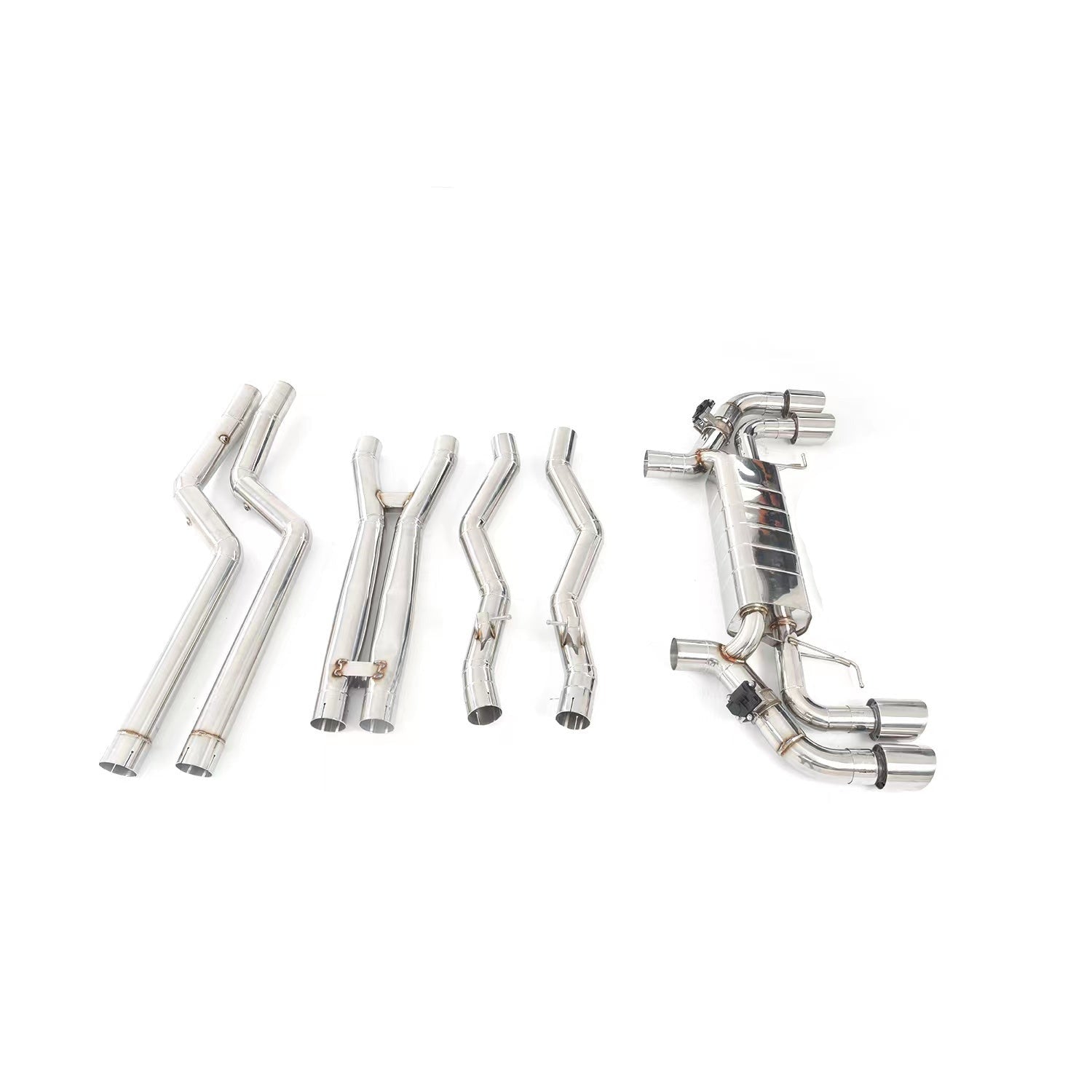 Aggressive Sporty Sound Valved Exhaust Catback Muffler For BMW M8 F93 Gran Coupe 2019+ 4.4L  Set include:  Center pipes Muffler with valves The valve control unit and remote controller Material: Stainless steel  Production time: 10 days  NOTE: Professional installation is required.