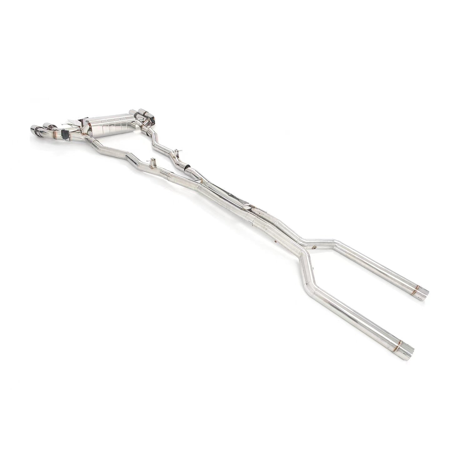 Aggressive Sporty Sound Valved Exhaust Catback Muffler For BMW M8 F93 Gran Coupe 2019+ 4.4L  Set include:  Center pipes Muffler with valves The valve control unit and remote controller Material: Stainless steel  Production time: 10 days  NOTE: Professional installation is required.