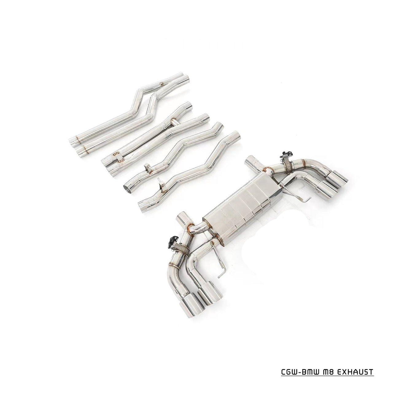 Aggressive Sporty Sound Valved Exhaust Catback Muffler For BMW M8 F93 Gran Coupe 2019+ 4.4L  Set include:  Center pipes Muffler with valves The valve control unit and remote controller Material: Stainless steel  Production time: 10 days  NOTE: Professional installation is required.