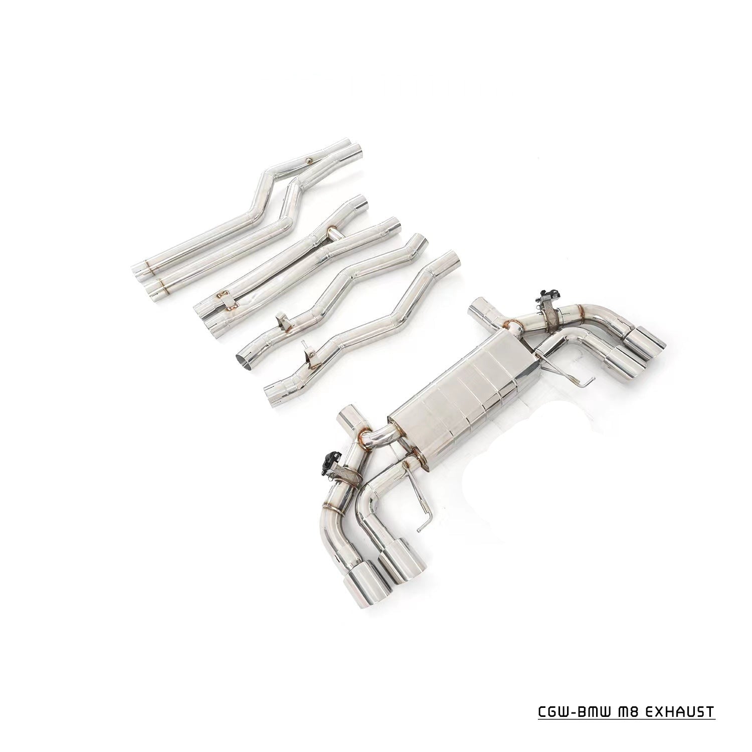 Aggressive Sporty Sound Valved Exhaust Catback Muffler For BMW M8 F93 Gran Coupe 2019+ 4.4L  Set include:  Center pipes Muffler with valves The valve control unit and remote controller Material: Stainless steel  Production time: 10 days  NOTE: Professional installation is required.