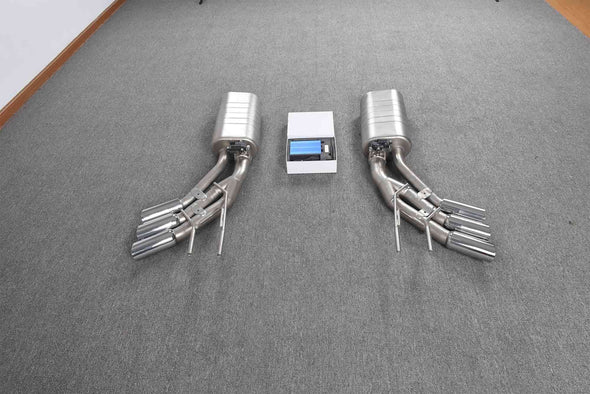 Forza Performance Aggressive sporty sound VALVED EXHAUST CATBACK MUFFLER for Mercedes-Benz G-Class G500

Valved exhaust, meaning that has remote, controlled valves - allowing a switch between an aggressive loud sports sound and a sound that is closer to the OEM sound

Set includes:

Muffles with valves
Exhaust tips

Valve control box with remote control (you may also reuse your factory exhaust valve motors

Factory exhaust tips must be reused

Material: Stainless steel ( for an extra cost we can make titani